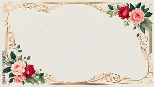 Romantic pink red roses adorn a golden ornate frame a beige background, perfect invitations announcements.