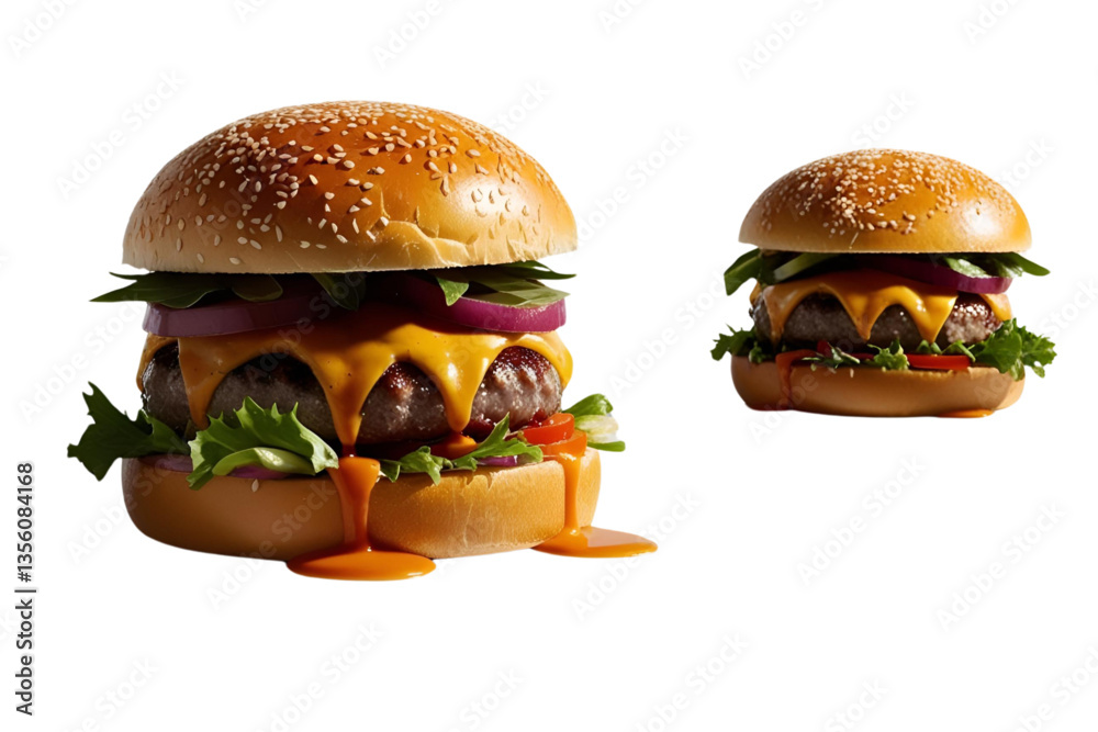 double and single cheeseburgers, sesame seed buns, white background, isolated, no background