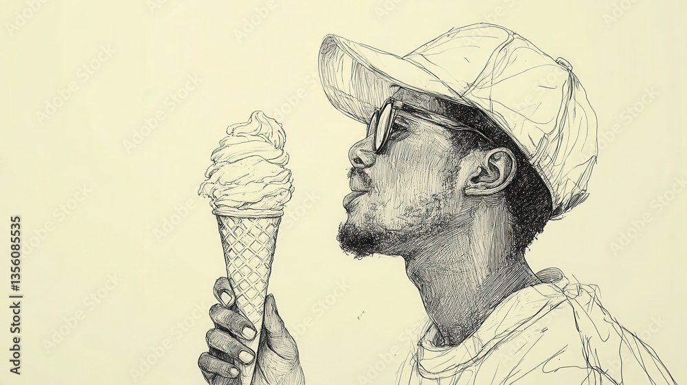 Fototapeta premium Detailed Hand-Drawn Illustration of a Young Man Enjoying an Ice Cream Cone with a Stylish Cap and Sunglasses in Artistic Style