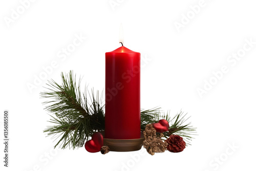 red candle, christmas greenery, white background, isolated, no background
