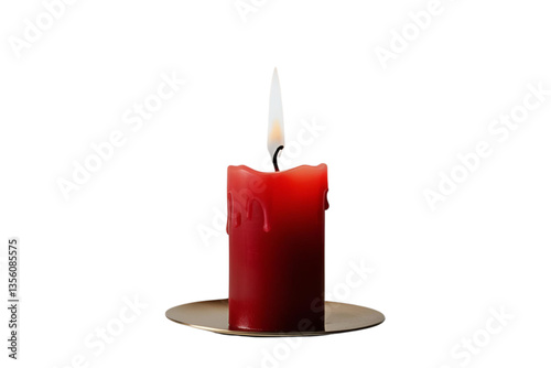 red candle, single flame, metallic holder, white background, isolated, no background
