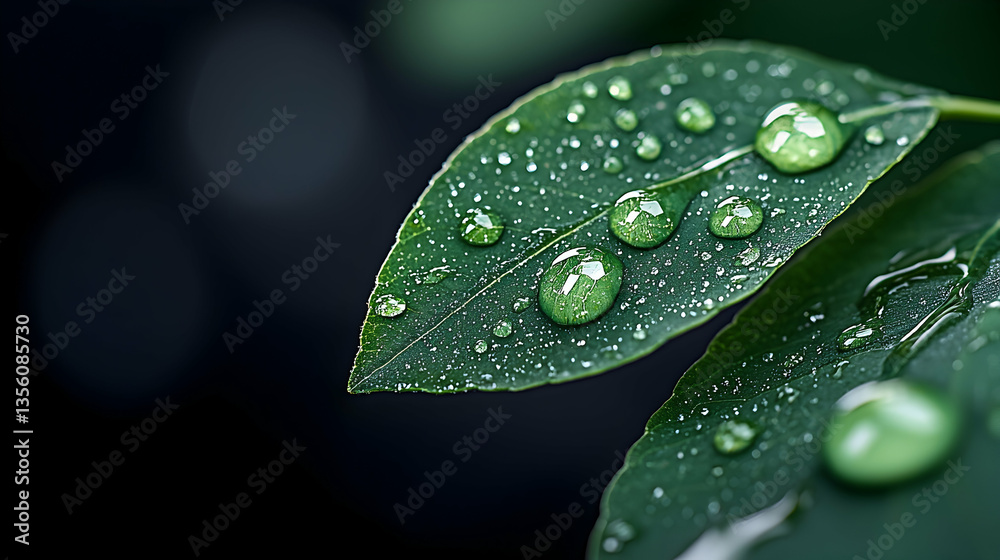 Close Up of Green Leaf with Water Droplets Dark Background
