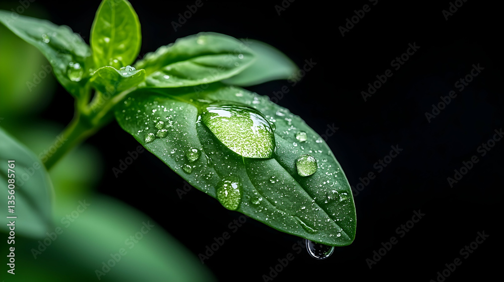 Fototapeta premium Close Up of Green Leaf with Water Droplets on Dark Background