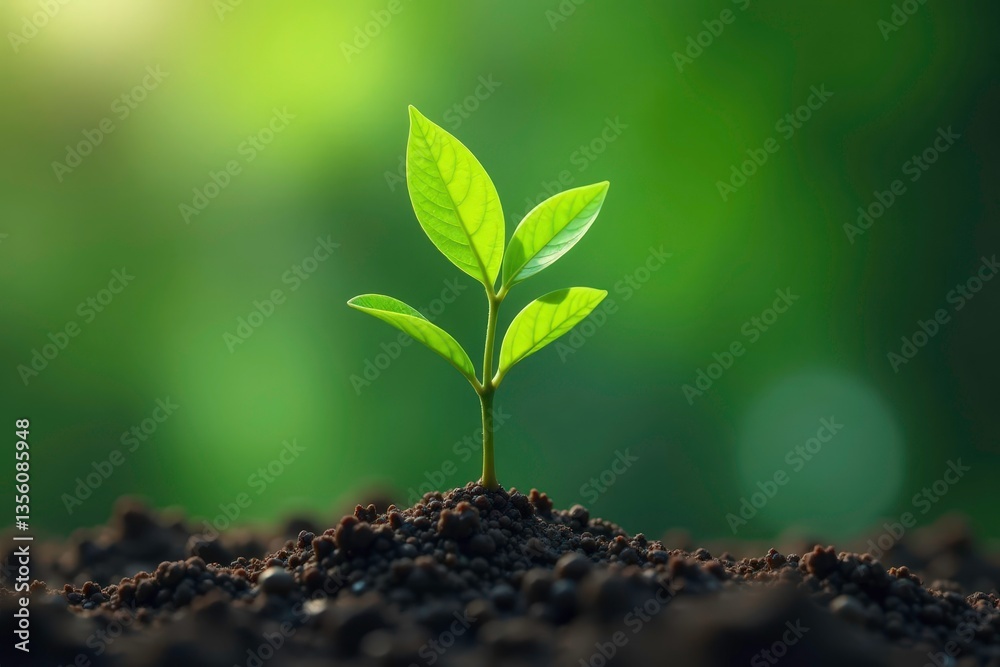 Fototapeta premium Tiny tree sprout, isolated, showcasing vibrant green leaves and thin stem , sprout, white background
