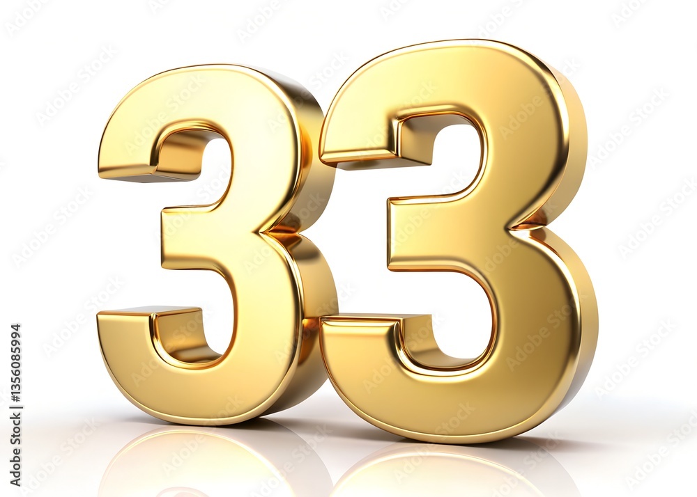 3d gold number 33 or letter three on white background 3d gold number 33 or letter three on white background
