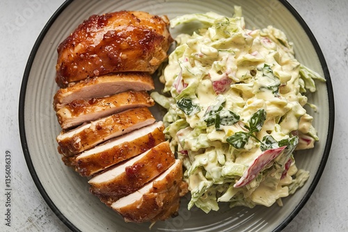 A photo of a side view of a plate with a sliced glazed chicken breast and coleslaw salad
