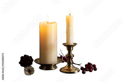 ivory and gold candles, candlestick holder, floral accents, white background, isolated, no background