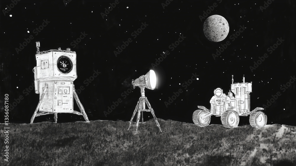 Obraz premium Mars Exploration with Rover and Spotlight at Night