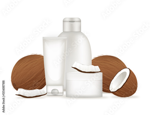 Cosmetic bottles and jars with coconut oil and coconuts showing hydrating properties