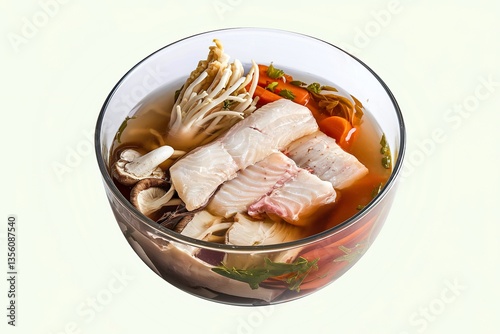 A photo of a clear soup bowl