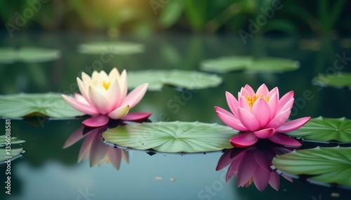 Water lilies, lotus flowers bloom across serene lake surface, bloom, design