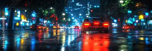 Nighttime city street scene featuring a sleek car reflecting colorful neon lights in the rain, showcasing vibrant urban atmosphere and dynamic weather conditions