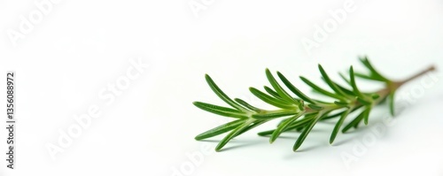 White background with a single isolated sprig of rosemary or thyme branches, calming, green, leaf