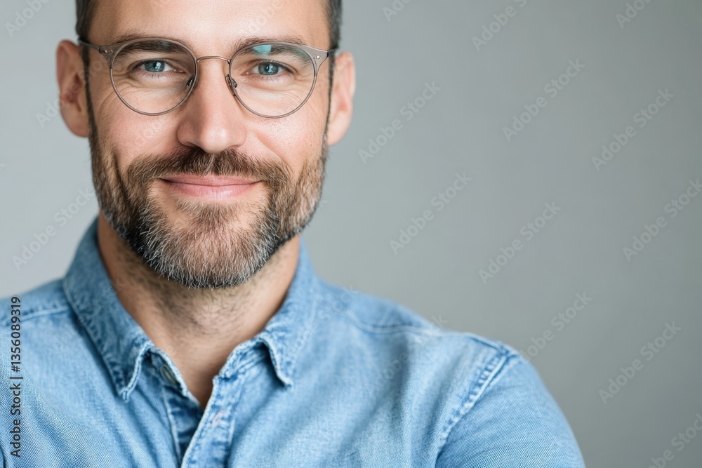 Fototapeta premium Man with beard smiles in shirt