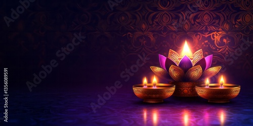 Beautiful lotus flower and diya lamps are lit brightly