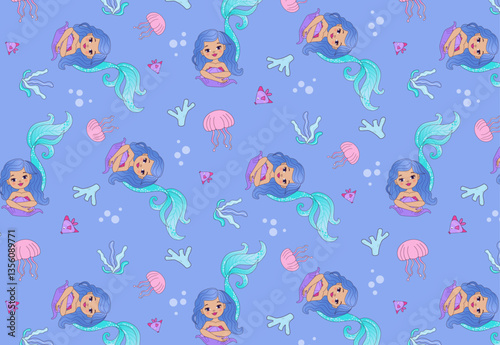 Vector seamless pattern with cute little mermaid with dark hair. Ocean, sea. Mermaid princess. Creative childish texture for fabric, packaging, textile, wallpaper.