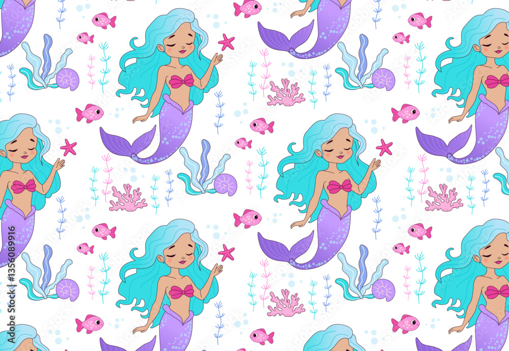Fototapeta premium Vector seamless pattern with mysterious beautiful mermaid. Ocean, sea. Mermaid princess. Creative childish texture for fabric, packaging, textile, wallpaper.