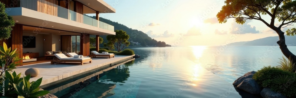 Fototapeta premium Sun-drenched waterfront home, expansive views , design, oceanfront