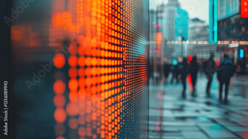 A blurry image of a city street with people walking and a large screen with orange dots. Concept of movement and activity, with the people and the dots creating a dynamic and busy atmosphere