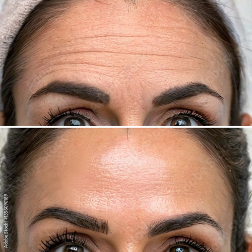 Caucasian Woman's Forehead, Before and After Aesthetic Beauty Cosmetic Treatments with Removed Skin Wrinkles