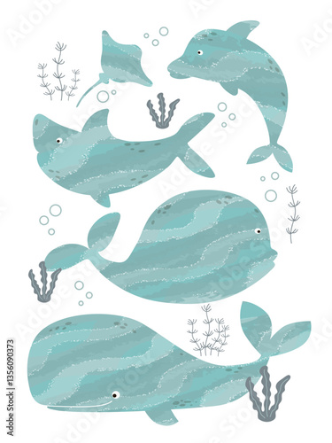 Vector illustration with sea inhabitants with abstract background. Sperm whale, whale, shark, dolphin, stingray. Decorative banner in flat style