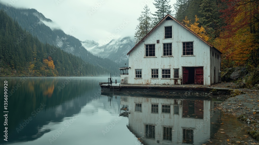 Fototapeta premium Tranquil Lakeside Cabin Amidst Autumn Foliage and Mountainous Reflections in Calm Water
