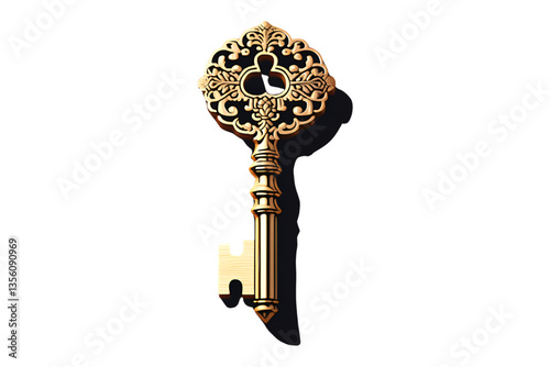 ornate gold key, wooden surface, detailed carving, white background, isolated, no background