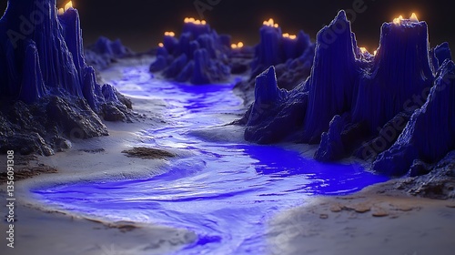 Surreal blue river flowing through a dark, candlelit landscape.