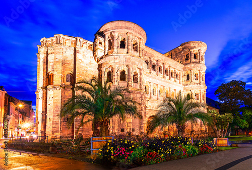 Trier, Germany: Sunset view of the Porta Nigra or Black gate in Ancient roman city Augusta Treverorum, Rhineland-Palatinate, Europe