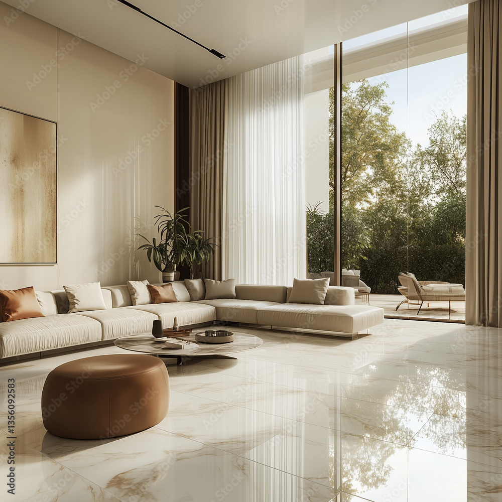 Sleek Living Room with Large Windows and Modern Furniture