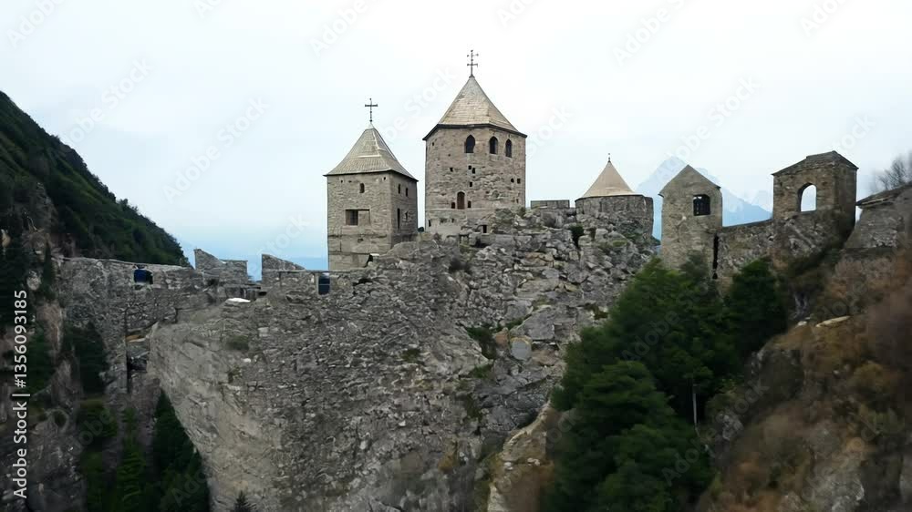 Tilt up fill light video, overcast sky in mountains, establishing, mountain monastery perched on a cliffside with stone buildings, overcast fill light evenly illuminates the monastery Tilt up fill light video, overcast sky in mountains, establishing, mountain monastery perched on a cliffside with stone buildings, overcast fill light evenly illuminates the monastery