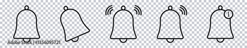 Notification bell icon set. Alarm symbol, incoming inbox message, ringing bells, alarm clock, smartphone application alert, new message symbol.	