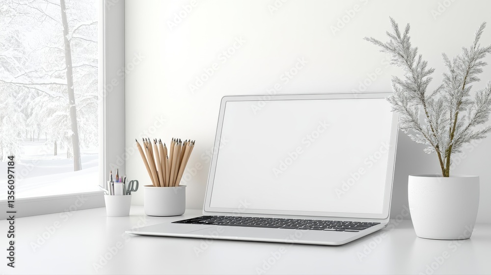 Fototapeta premium A minimalist workspace featuring a laptop, potted plant, and decorative items, perfect for remote work inspiration.