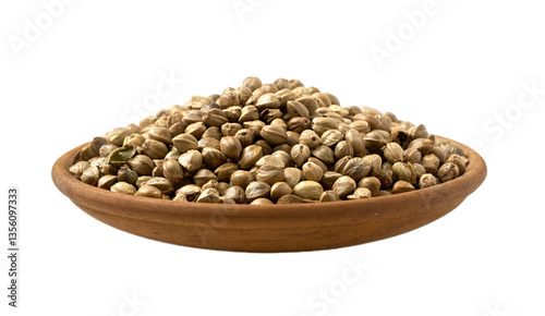 closeup pile of hemp seed cutout in wood bowl