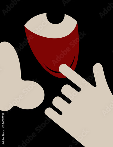 Funny cartoon person or monster with red nose and eyelids. Character pulls down his eyelid with his finger. Face with weird emotions. Poster in simple doodle style.