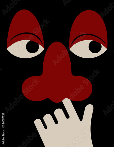 Funny cartoon person or monster with red nose and eyelids. Character picking his nose. Face with weird emotions. Poster in simple doodle style.