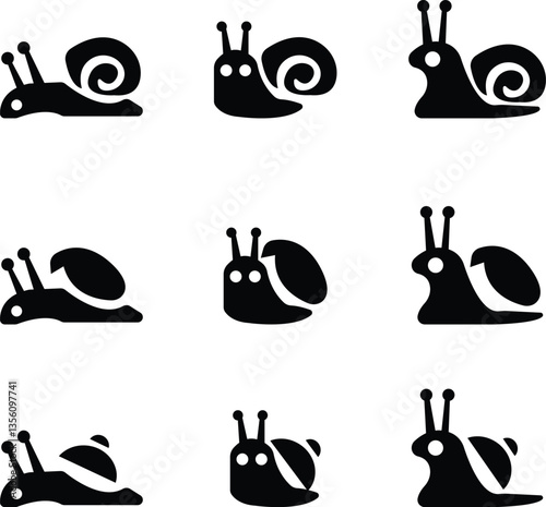 Simple snail with a spiral shell icon set, slow pace Sea snail silhouette black nature vector template designs elements isolated on transparent background, used for mobile apps, website or icons or ui
