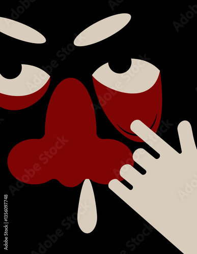 Funny cartoon person or monster with red nose and eyelids. Character pulls down his eyelid with his finger. Snot flows from nose. Face with weird emotions. Poster in simple doodle style.
