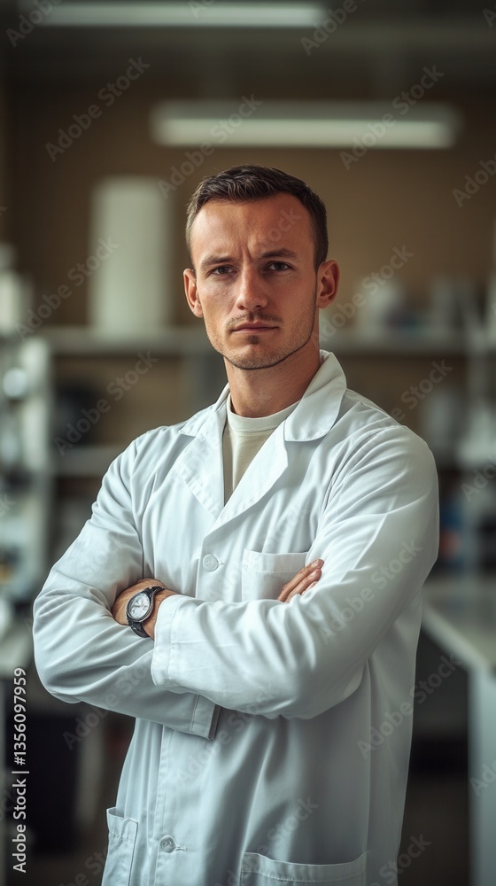 Confident Male Scientist in Laboratory Setting Wearing White Lab Coat with Arms Crossed, Focused on Research and Discovery Confident Male Scientist in Laboratory Setting Wearing White Lab Coat with Arms Crossed, Focused on Research and Discovery