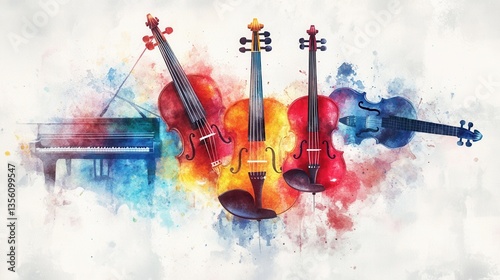 Musical Palette: A vibrant artistic illustration showcases the elegance of classical music, with a watercolor style depicting a piano, violins, and a viola in a spectrum of colors.