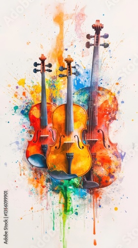 Harmony in Hues: A vivid artistic rendering of three violins, each resonating with a symphony of colors. Splashes of paint dance around the instruments.