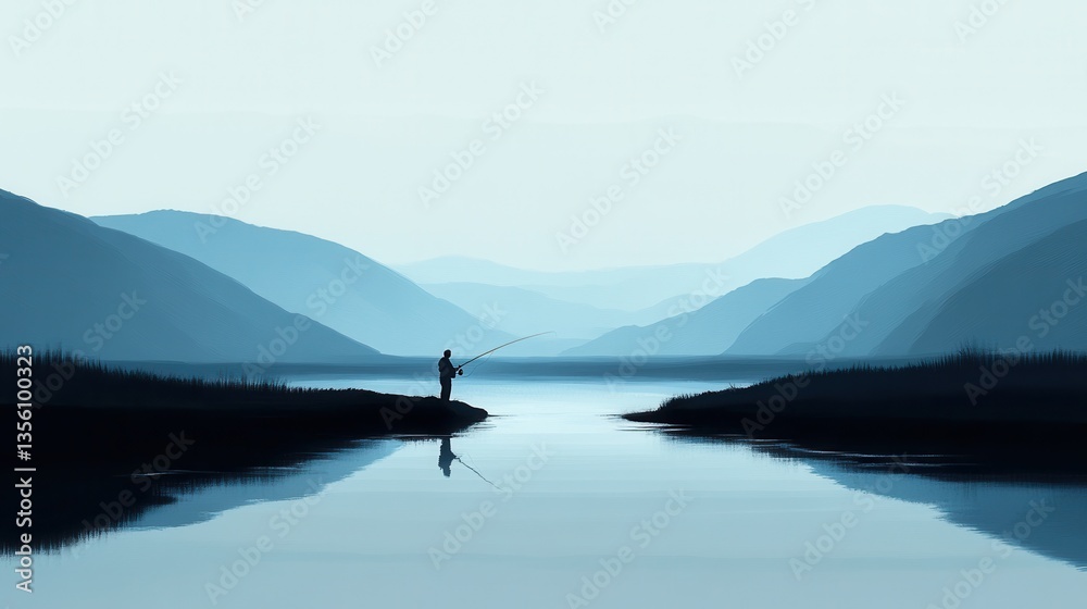 Tranquil Landscape with Fisherman at Dawn on Serene Lake Surrounded by Misty Mountains and Reflections in Still Water Tranquil Landscape with Fisherman at Dawn on Serene Lake Surrounded by Misty Mountains and Reflections in Still Water