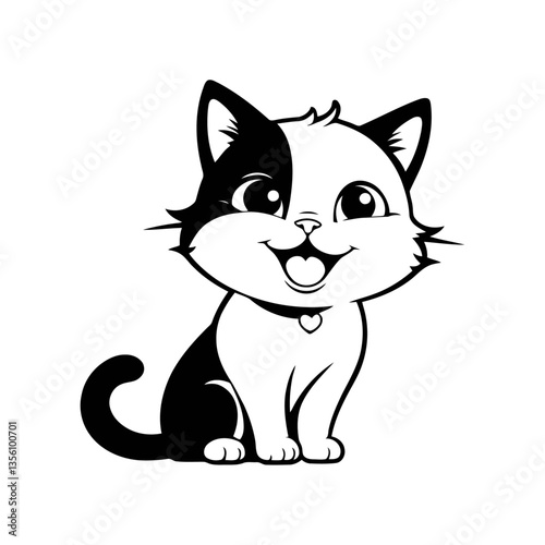 A simple black and white vector illustration of a baby cat beaming with happiness, its ears perked up on a white background