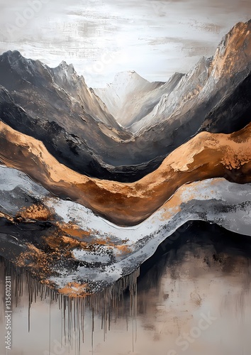 Abstract landscape artwork showcasing mountains with a blend of gray, black, and golden hues
