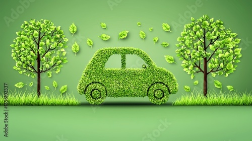 Eco-Friendly Car Icon Made from Green Leaves and Trees