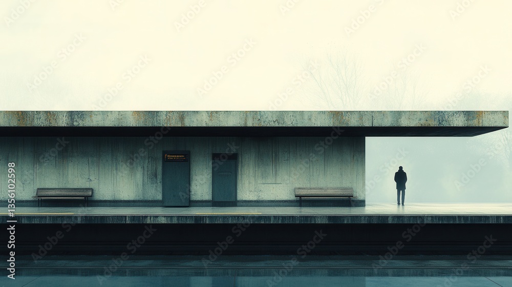 Solitary Figure Standing at an Empty Platform in a Misty and Ethereal Atmosphere Capturing an Overwhelming Sense of Loneliness and Isolation Solitary Figure Standing at an Empty Platform in a Misty and Ethereal Atmosphere Capturing an Overwhelming Sense of Loneliness and Isolation