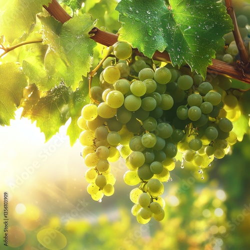 realistic image of a grapevine with vibrant green grapes glowing under golden sunlight, tranquil and fresh countryside scene