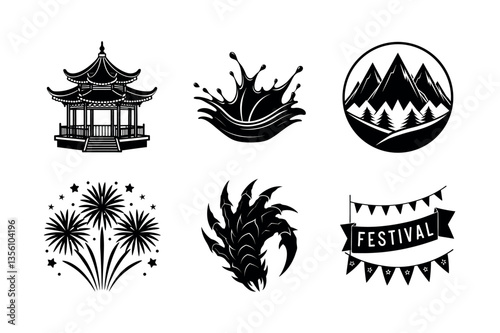 Collection of Black and White Festive and Cultural Vector Icons
