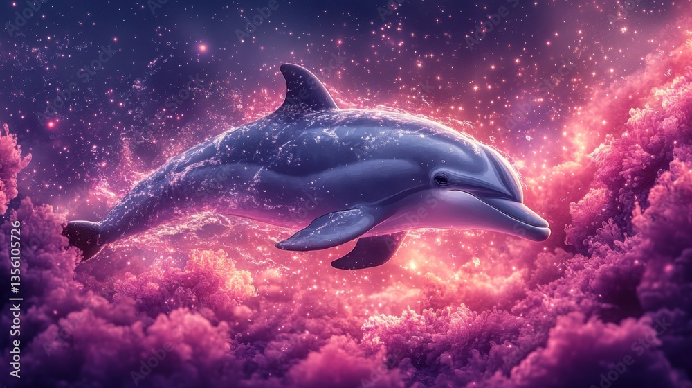 Obraz premium This enchanting illustration shows a dolphin swimming under a shimmering moon and stars, against a dreamy purple and pink backdrop.