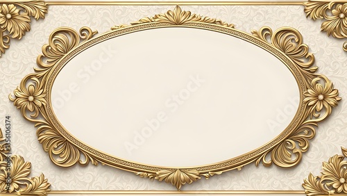 A luxurious gold oval frame intricate floral details, set against an off-white ornate background, perfect design projects.